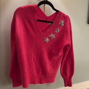 LOFT Red and Silver V-Neck Sweater with Star Embellishments
